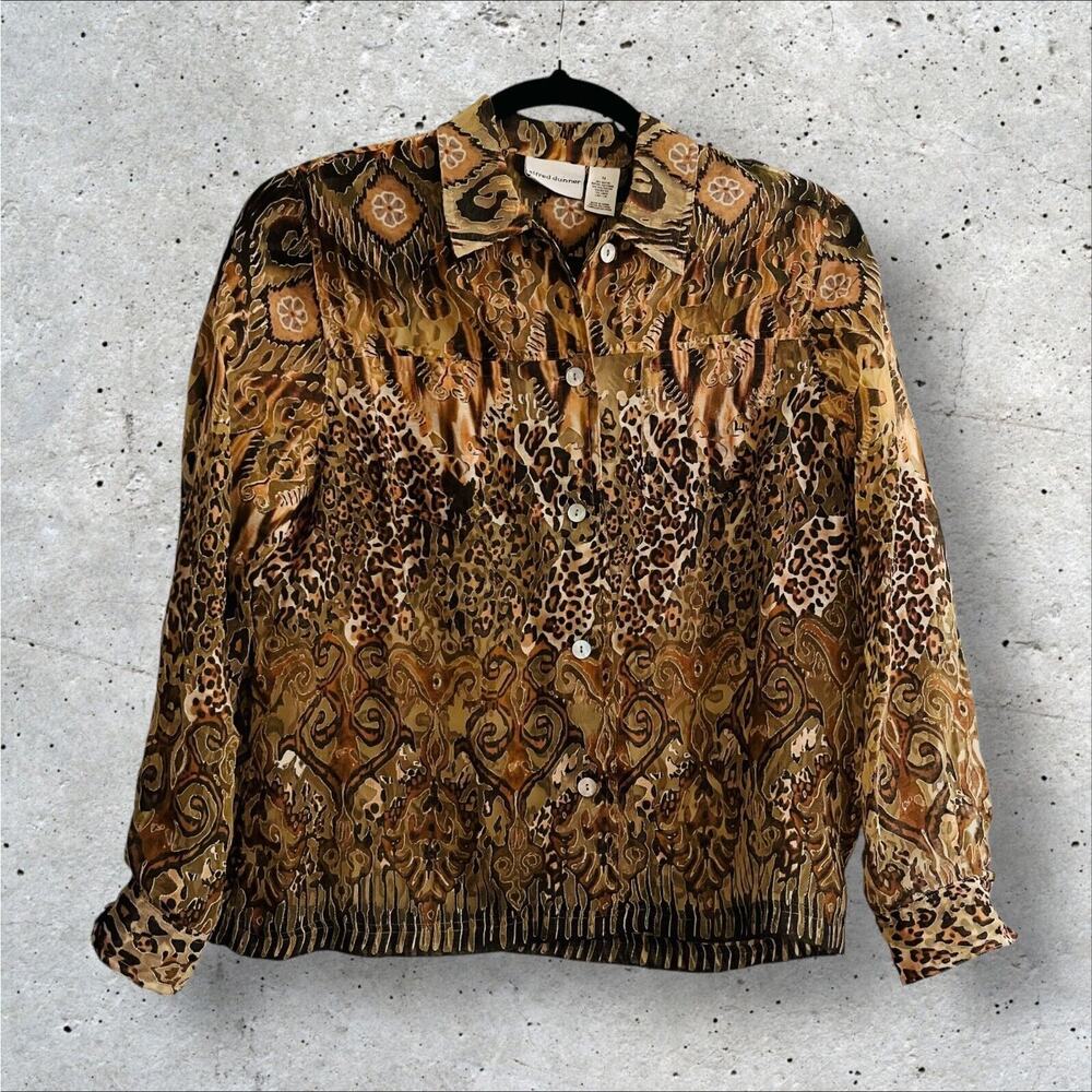 Alfred Dunner Womens Shirt 14 Button Down Sheer Animal Print Long Sleeve Pockets